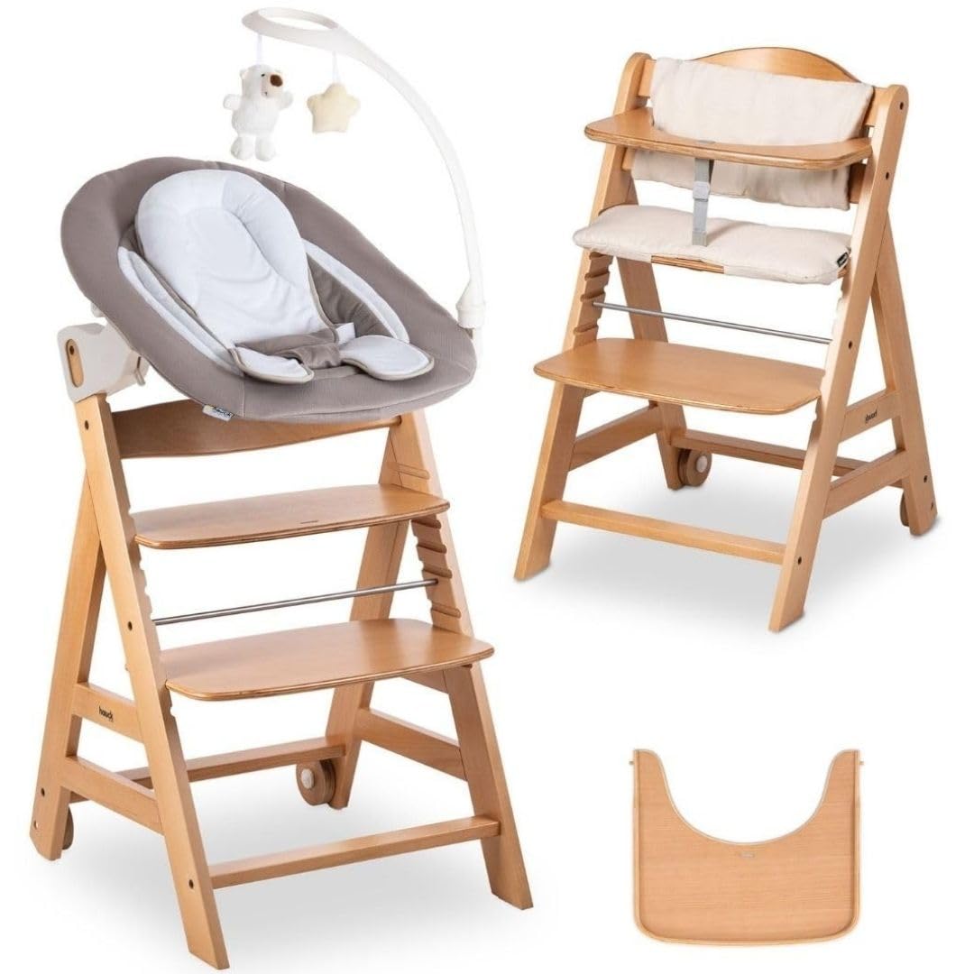 hauck Seggiolone Beta Plus Newborn Deluxe - Seggiolone Legno Evolutivo con Sdraietta Neonati, Dondolo Neonati, Cuscino Seduta e Vassoio - (Naturale Beige)