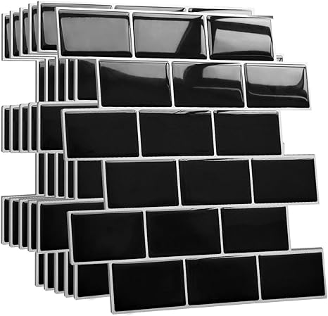 Amazon Yoillione タイルシール 防水 厚め 10枚 耐熱 キッチン 洗面所 剥がせる モザイクタイル 壁紙シール 賃貸 Diy 3d リメイクシート ブラック 北欧 トイレ雰囲気転換 レンガ調 黒 壁紙