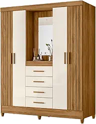 Guarda Roupas Casal Detalhes Frisados Com Espelho 4 Portas 4 Gavetas Viena Madeirado/Off White