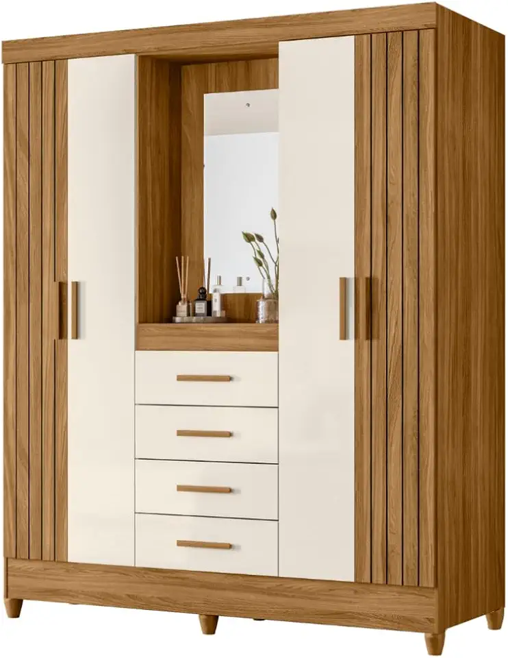 Guarda Roupas Casal Detalhes Frisados Com Espelho 4 Portas 4 Gavetas Viena Madeirado/Off White