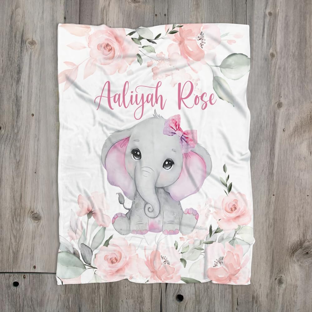 Personalized Baby Blankets for Girls, Rose Elephant Baby Blanket for Baby Girl Gifts, Floral Elephant Blanket, Baby Gifts, Milestone Baby Blanket