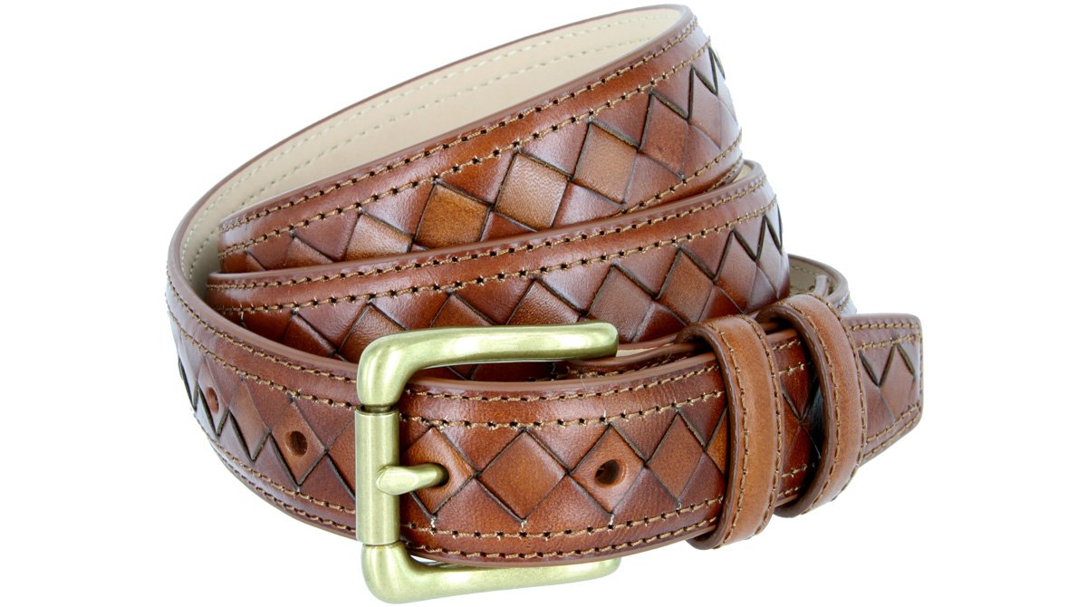Brass Buckle Diamond Pattern Genuine Leather Dress Belt 1 1/8