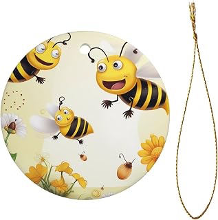 Flying Bees Christmas Tree Ceramic Pendant with Gold Lanyard