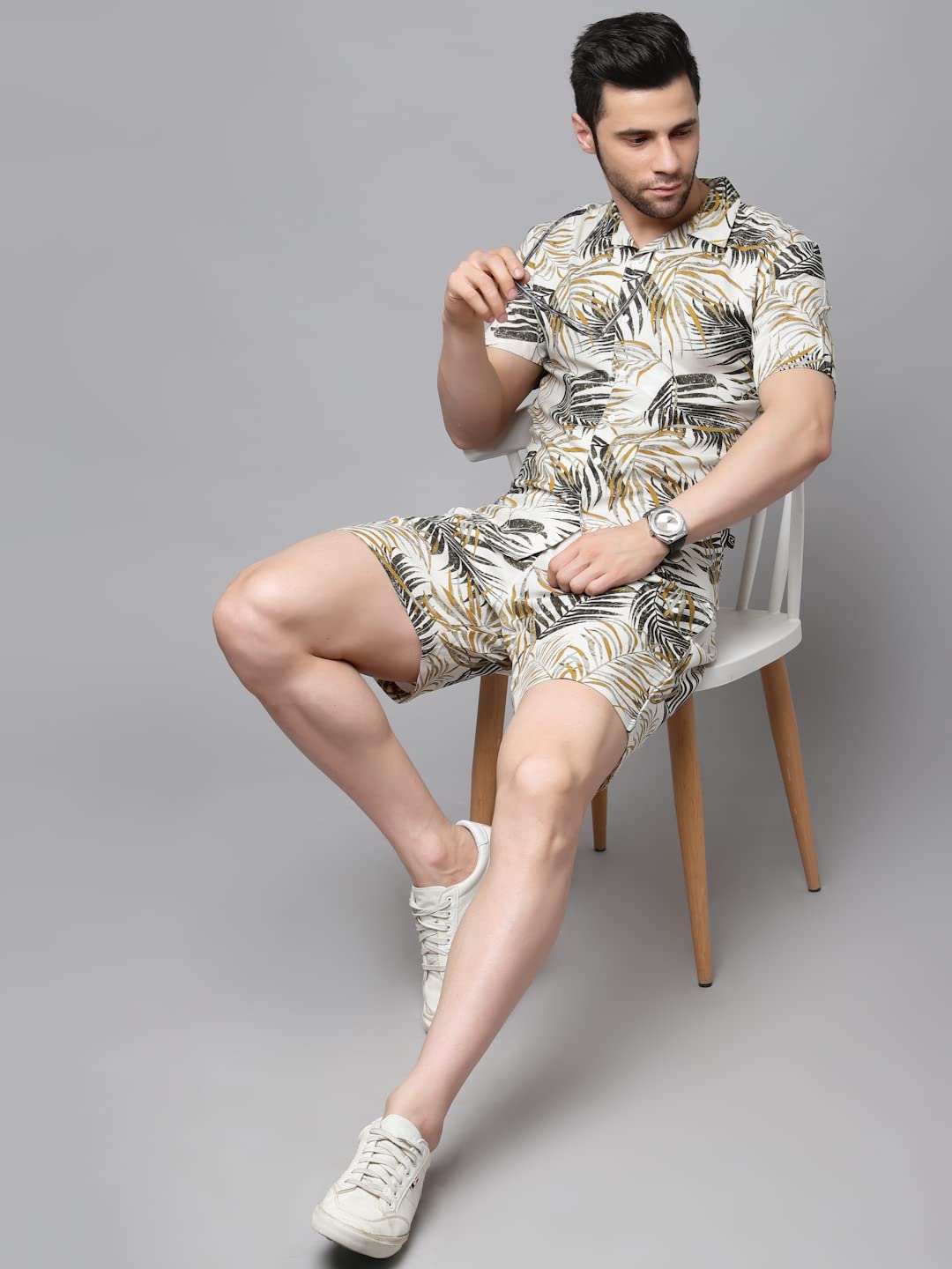 Rigo Printed Co-Ord Set For Men's | Casual Shirt & Shorts Night Suit Set | Lounge-Wear Nightdress Short Set For Men's | Night Wear, Beach Wear, Vacation Wear Outfit White White 5Xl