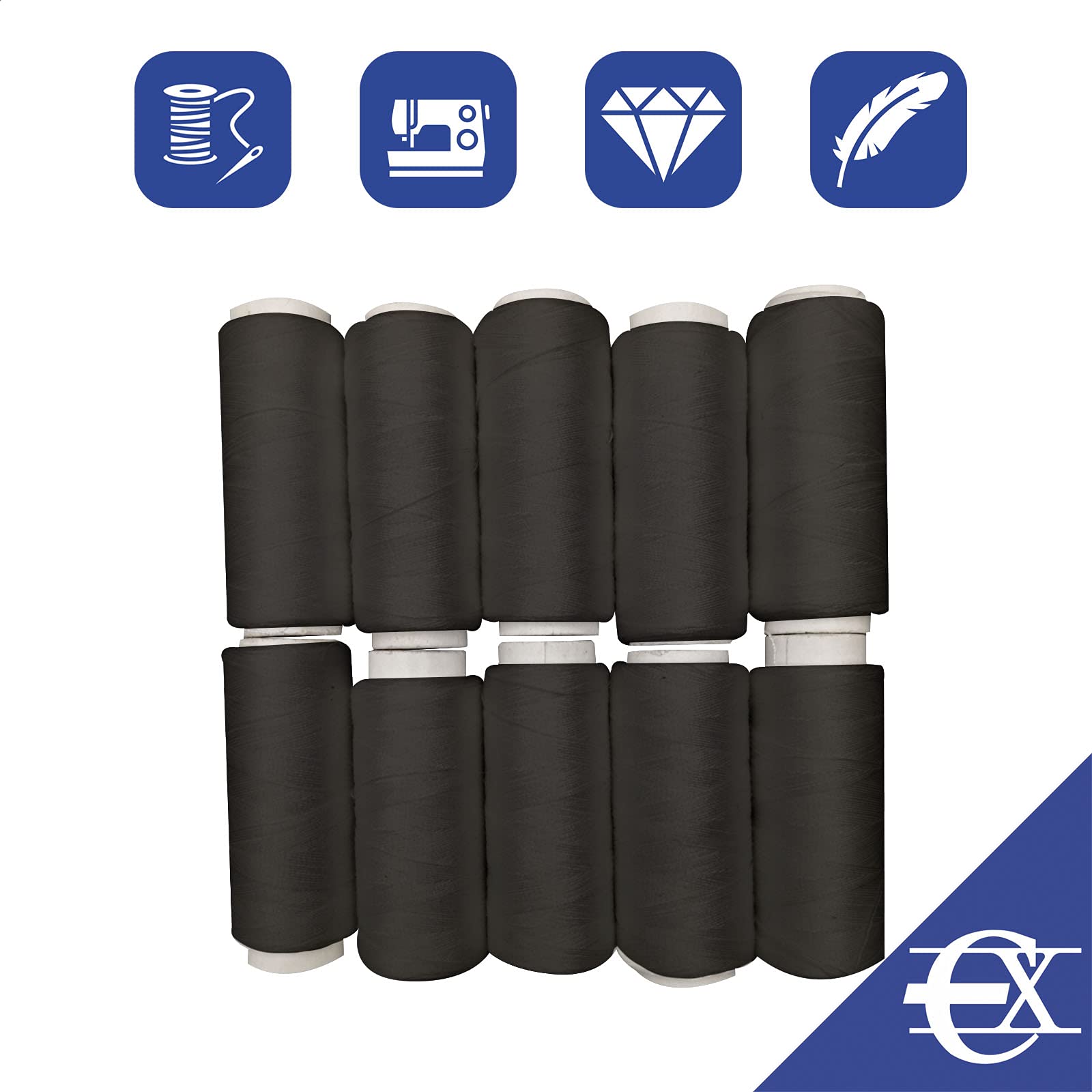 EUROXANTY Nähgarn-Set – 12 Rollen Polyester, Je 500 M, Schwarz, Für Nähmaschine & Handarbeit