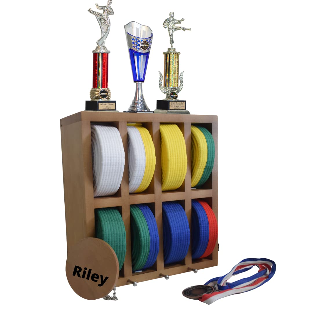UpRise DesignsKarate Belt Display Rack 8 Personalized. Taekwondo Belt Display and Martial Arts Belt Display. Unique Karate Belt Holder for 8 Belts Trophy Medal. Light Wood Color