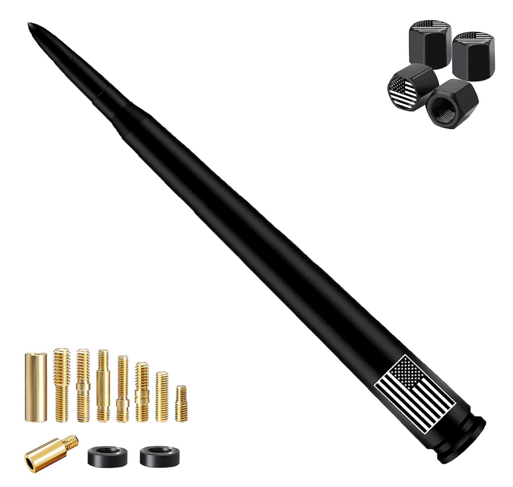 Car Bullet Antenna with Valve Stem Caps for GM Chevy Silverado 1500 2500 3500 HD Avalanche Ford F Series F150 F250 GMC Sierra 1500 2500 3500 Denali Heavy Truck Accessories (Black)-10inch- America Flag