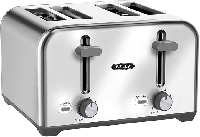 bella Tostadora de 4 rebanadas con apagado automático. Ranuras extraanchas y bandeja de migas extraíble. Función de cancelar, descongelar y recalentar. Acero inoxidable con descuento
