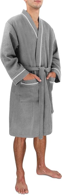 Herren Morgenmantel Bademantel für Männer aus leichter weicher Baumwolle mit Waffeloptik
