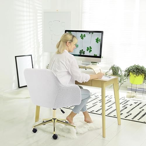 Miniatura 8 de Silla de oficina en casa de terciopelo, bonita silla giratoria de escritorio con ruedas, moderna silla de tocador ajustable con base dorada para