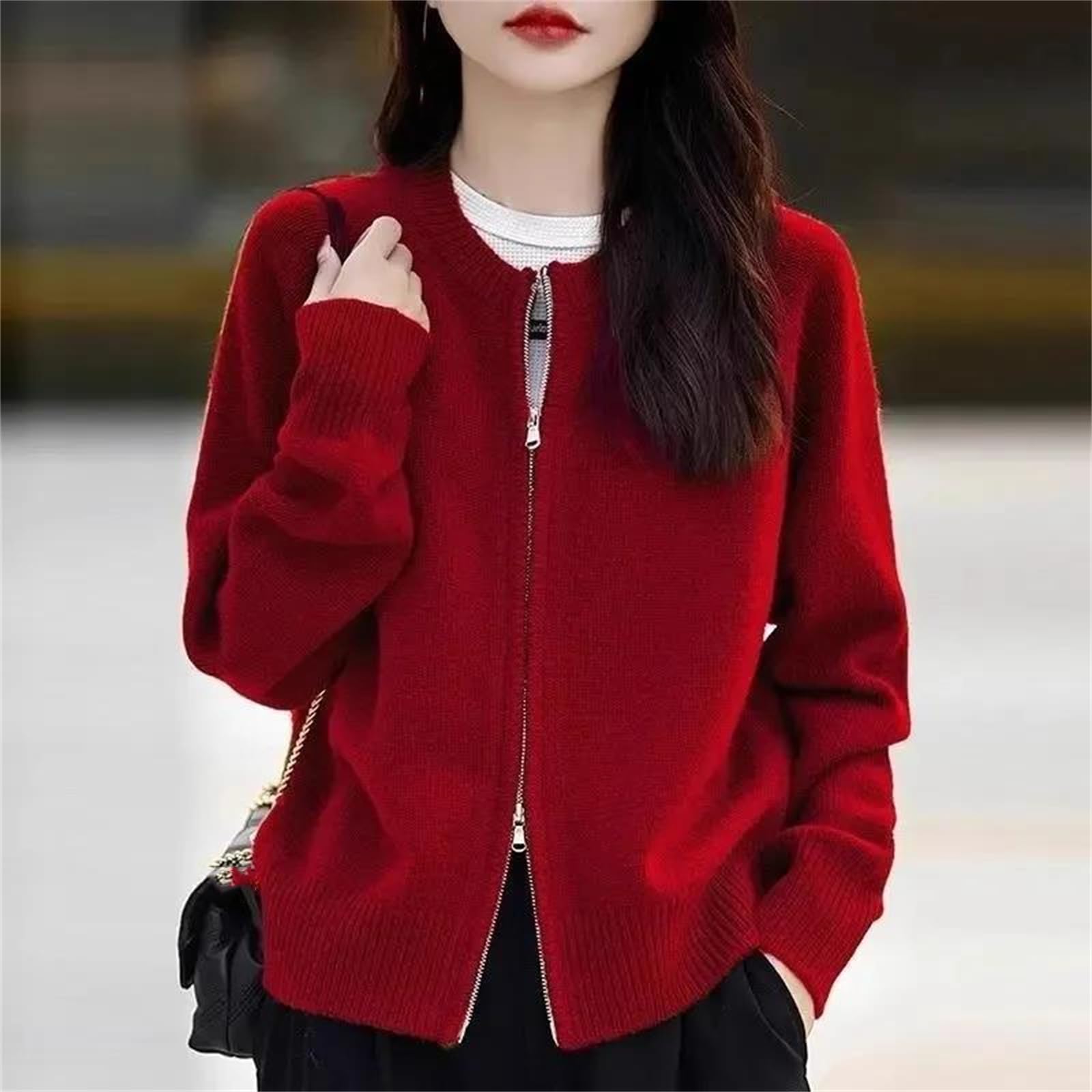 Cárdigan de gran tamaño con doble cremallera para mujer, cuello redondo, manga larga, chaqueta de punto liso, para otoño e invierno, ropa de abrigo casual