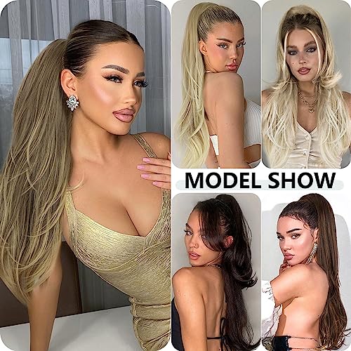 PORSMEER Ponytail Extension,Drawstring Ponytail Hair Extensions Blonde Colour 26 Inch Long Natural Straight Wavy End Synthetic Hairpiece for Women Girls Daily Use - Image 4