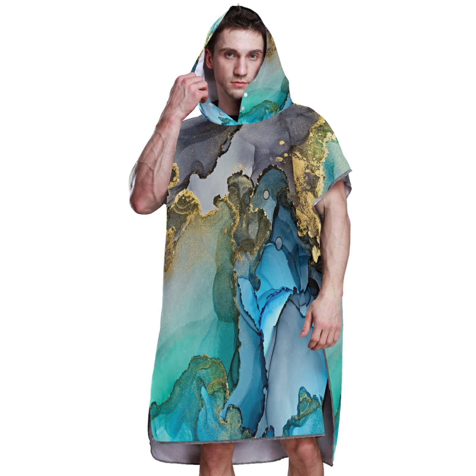 Poncho de surf à séchage rapide en microfibre avec capuche et poche - Bleu et gris doré