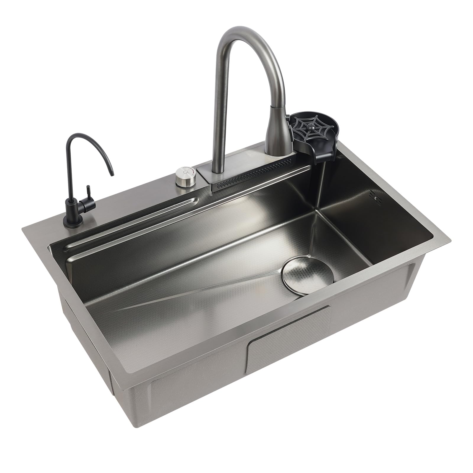 Lavello da cucina a cascata, grande 1 vasca, lavello singolo, nero in acciaio inox, con rubinetto estraibile, lavatrice per tazze (75 x 45 x 21 cm)
