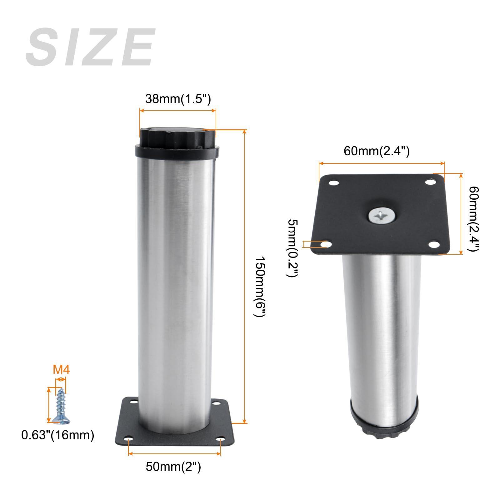 METALLIXITY Furniture Legs (6 Inch Height) 4Pcs, Stainless Steel Furniture Cabinet Metal Legs with Screws - Image 2