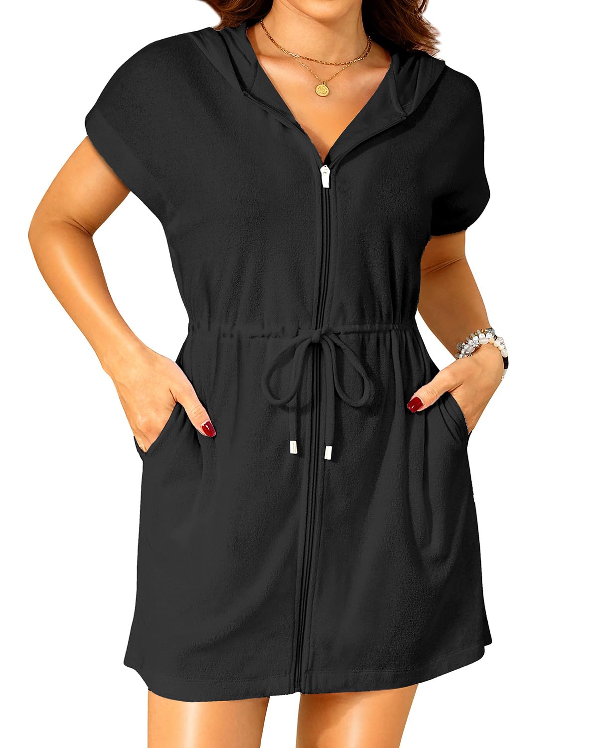 Yonique Terry Cloth Cover Ups - Hooded Cotton Swim Sun Cover-up with Zipper Pockets Beach Swimsuits