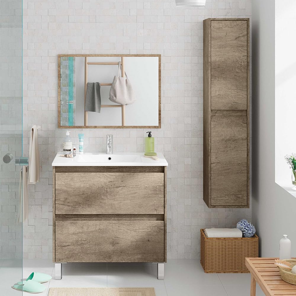 Inbagno Mobile Bagno da Terra 80 cm, 2 cassetti Serie Oasi, Colore Rovere con venatura Naturale, Completo di lavabo in Ceramica e specchiera