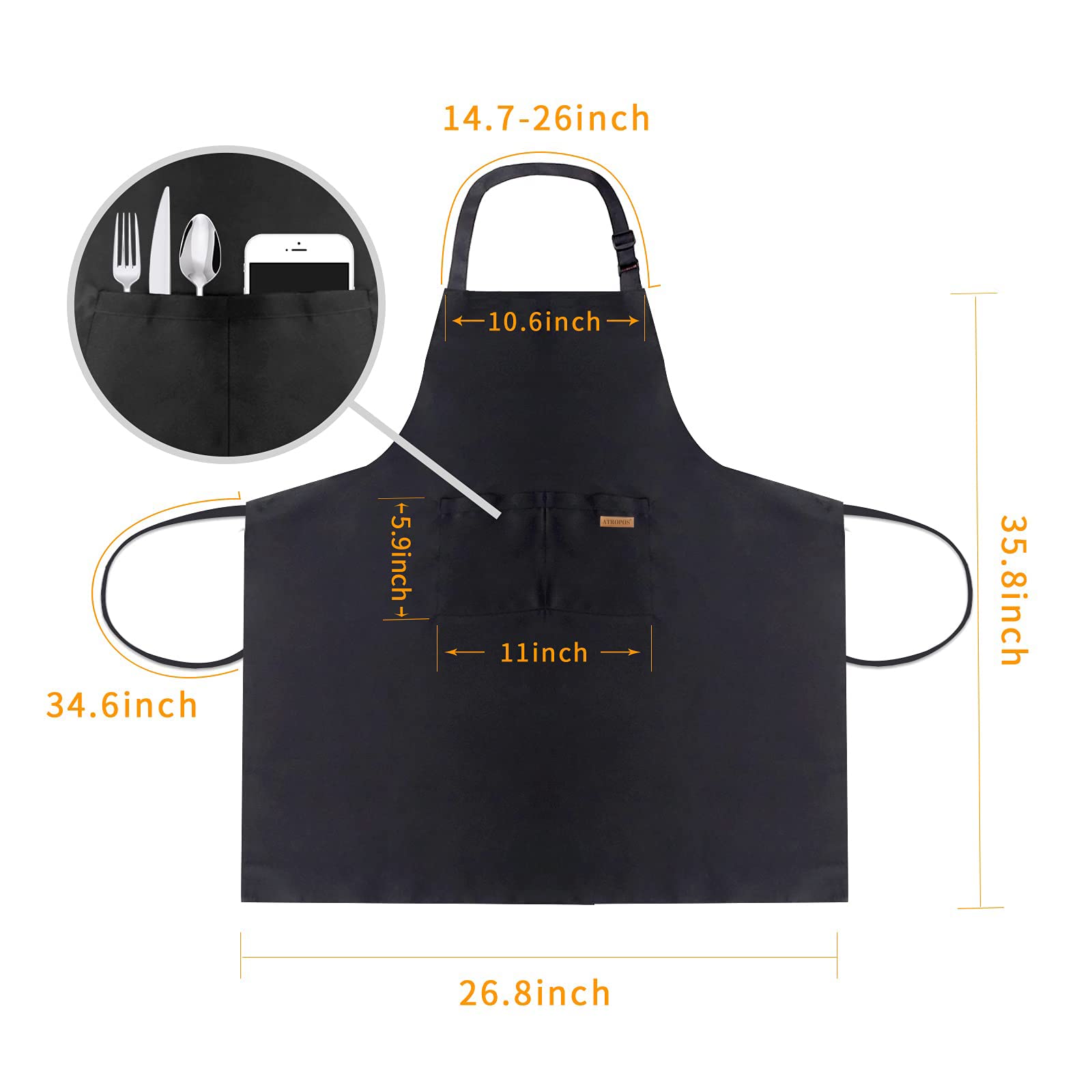 ATROPOS Paquete de 2 delantales de cocina ajustables negros resistentes a las gotas de agua con 2 bolsillos para hombres y mujeres, apto para cocina y barbacoa al aire libre (35.8 x 26.8 pulgadas