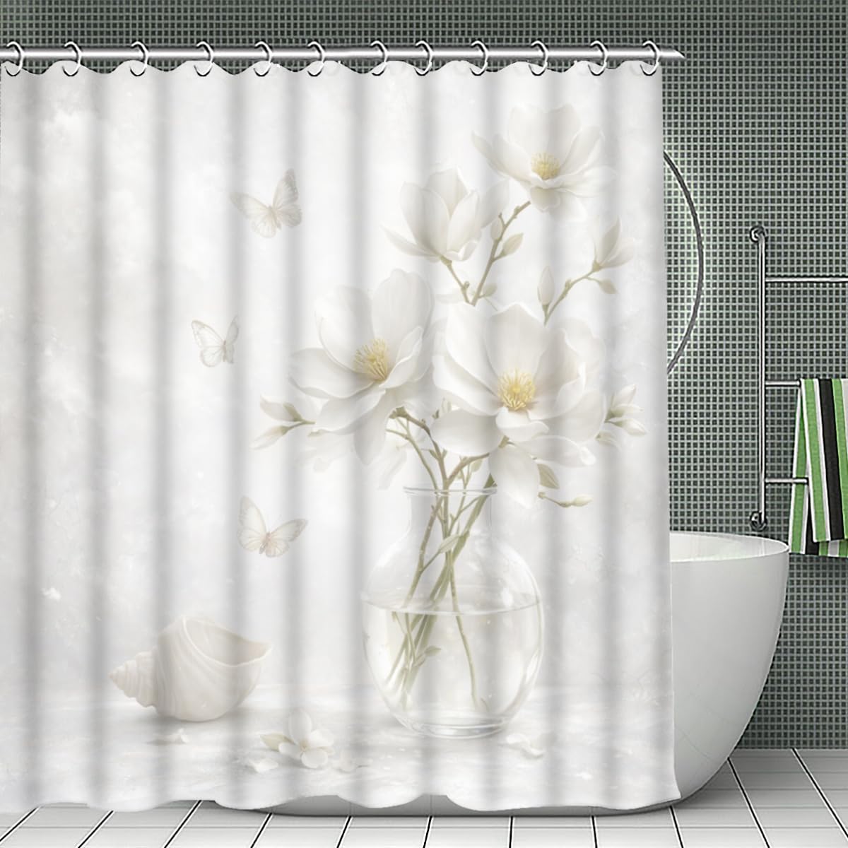 Rideau de douche étanche blanc avec crochets inclus pour protection anti-éclaboussures