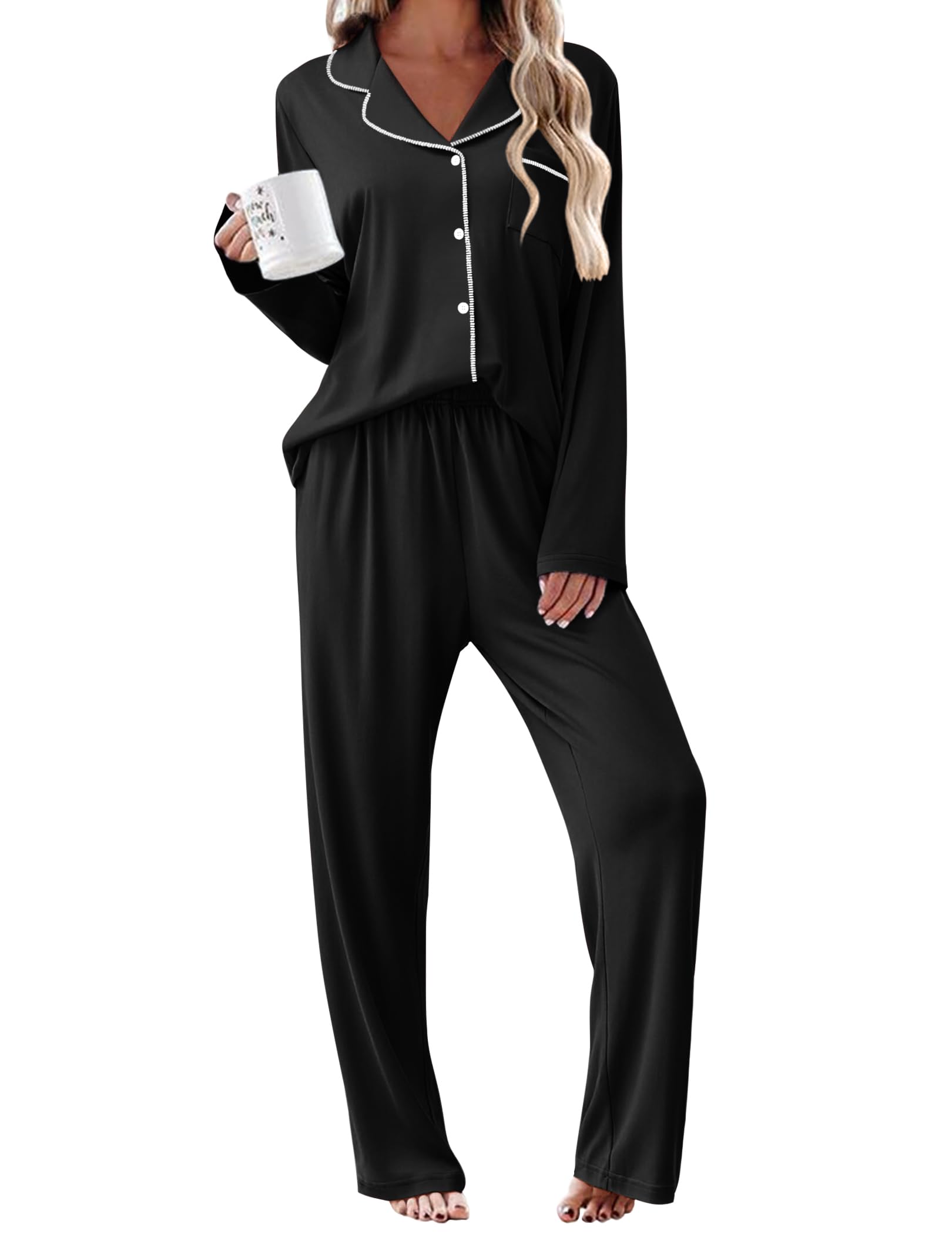Ekouaer Womens Pajama Sets 2 Piece Long Sleeve Sleepwear Soft Button Down Pjs Lounge Set S-XXL