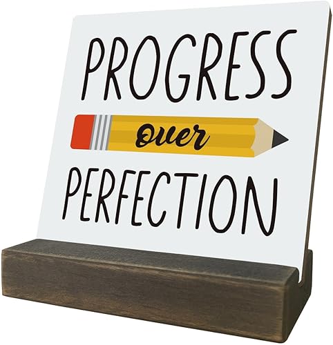 Letreros de placa inspiradores, Progreso sobre la perfección, letrero motivacional, placa de madera con soporte, decoración de mesa para el hogar,