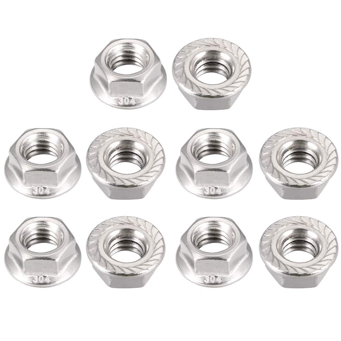 TOP-VIGOR 3/8-16" Serrated Flange Hex Lock Nuts, 10Pcs 304 Stainless Steel Full Thread Lock Nuts