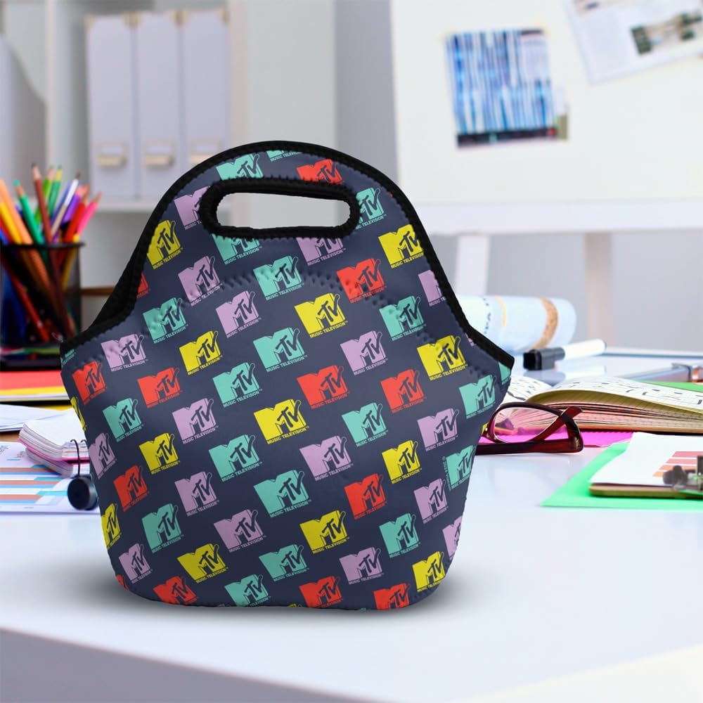 Popfunk MTV Repeat Pattern Soft Neoprene Lunch Bag, Lightweight, Insulated, Reusable for School, Work, Office