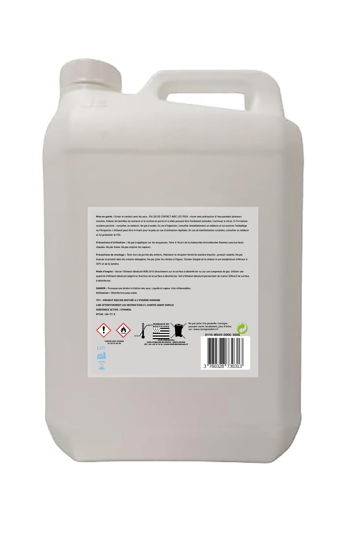 Vindi Désinfectant Alcool modifié 90°- Bidon de 5L - Fabrication Française - Désinfection peau saine et ustensiles médicaux
