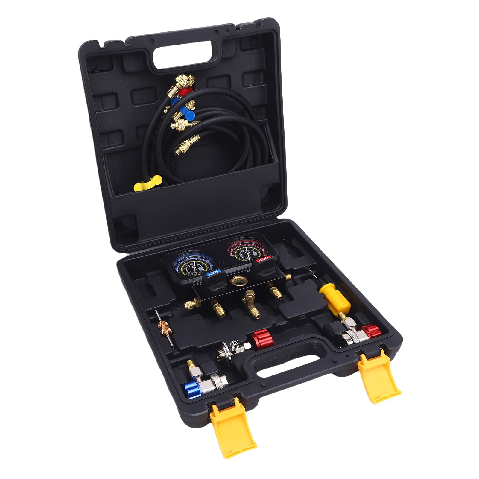 Sorandy AC-Messgeräte mit Schläuchen, Verteiler-Messgeräte-Set für Kältemittel R410A, R32, R134A, R22, Verteiler-Werkzeug-Set für Kraftfahrzeuge mit Erhöhter Sicherheit