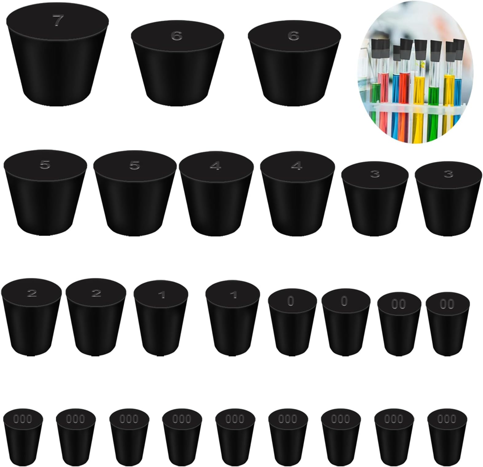 Tnisesm 25Pcs Black 000#-7# Solid Rubber Stoppers 10 Assorted Sizes