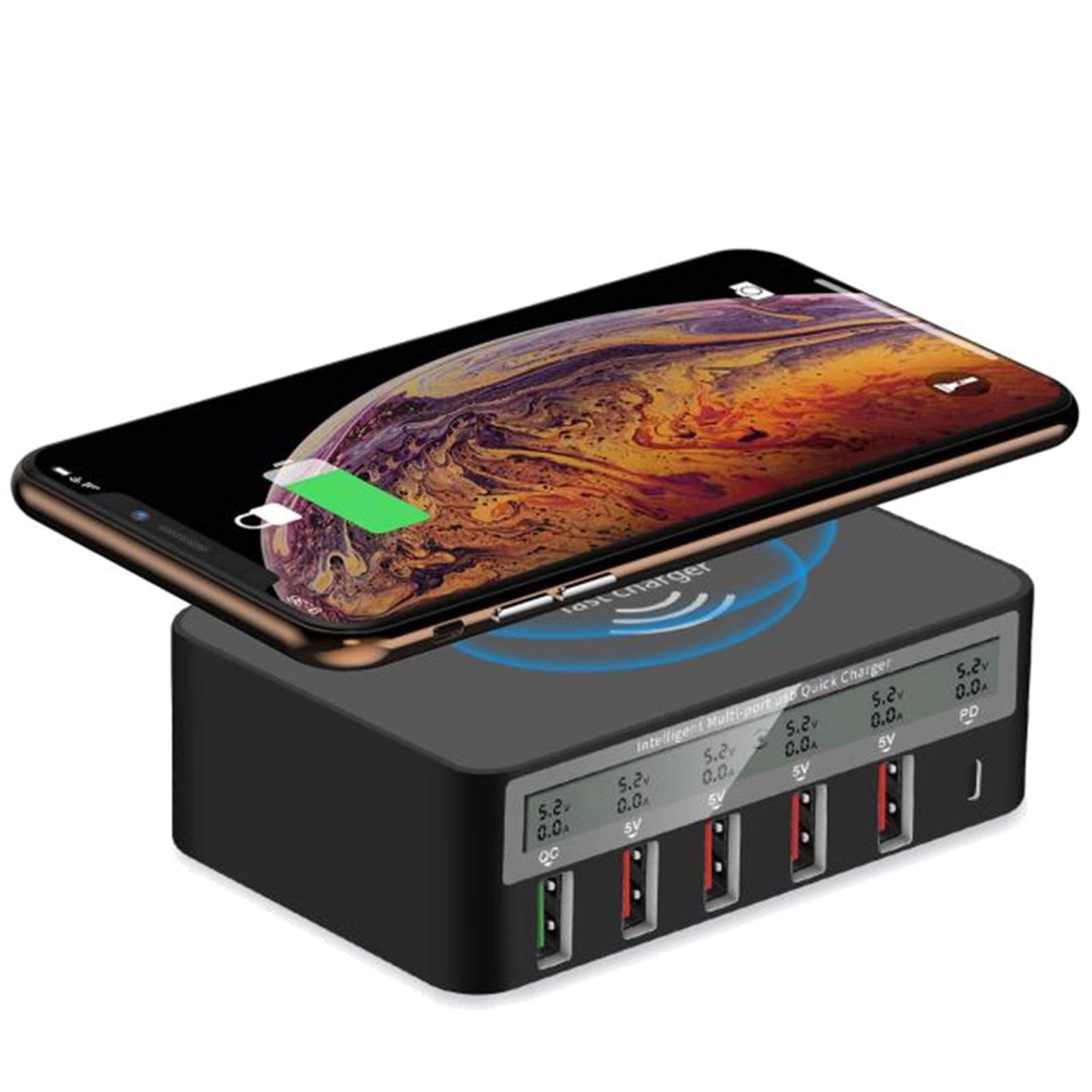 Caricatore Wireless Stazione Ricarica USB Multipla 100W 6 Porte Base di Ricarica LCD Schermo USB Docking Station con Una QC 3.0 e Un 18W PD Caricatore USB per iPhone IPad Samsung Huawei,Nero