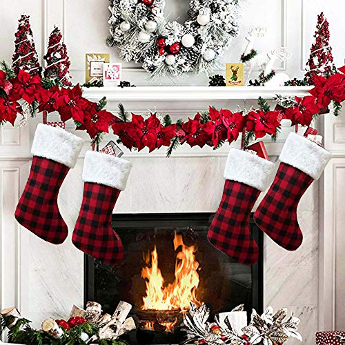 image for Createy Christmas Stockings, 6 Pack 18 Inch Black Red Buffalo Plaid Ch