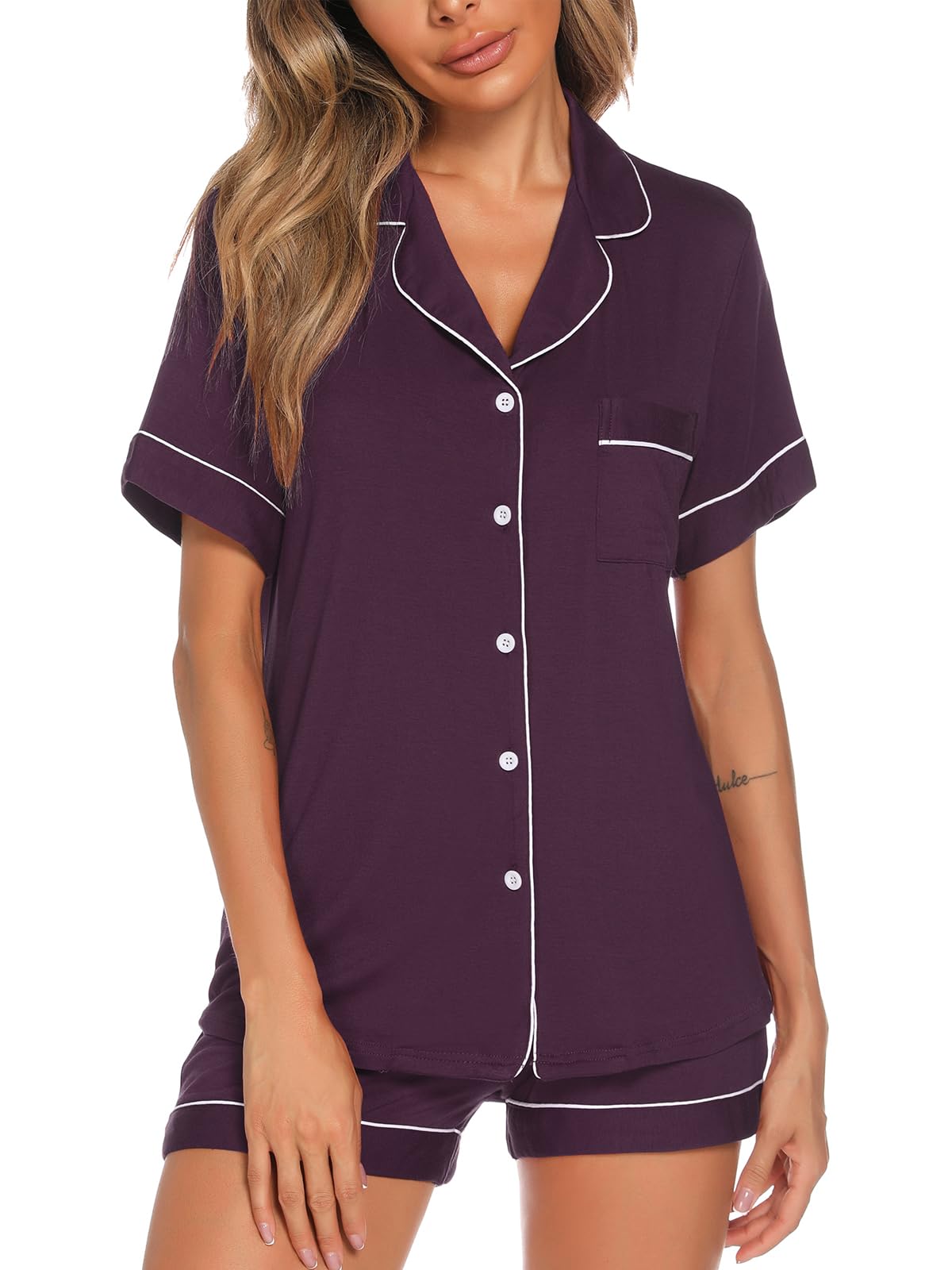Aamikast Button Up Pajama Set for Women Shorts Short Sleeve Knit Sleepwear 2 Pice Pjs Sets