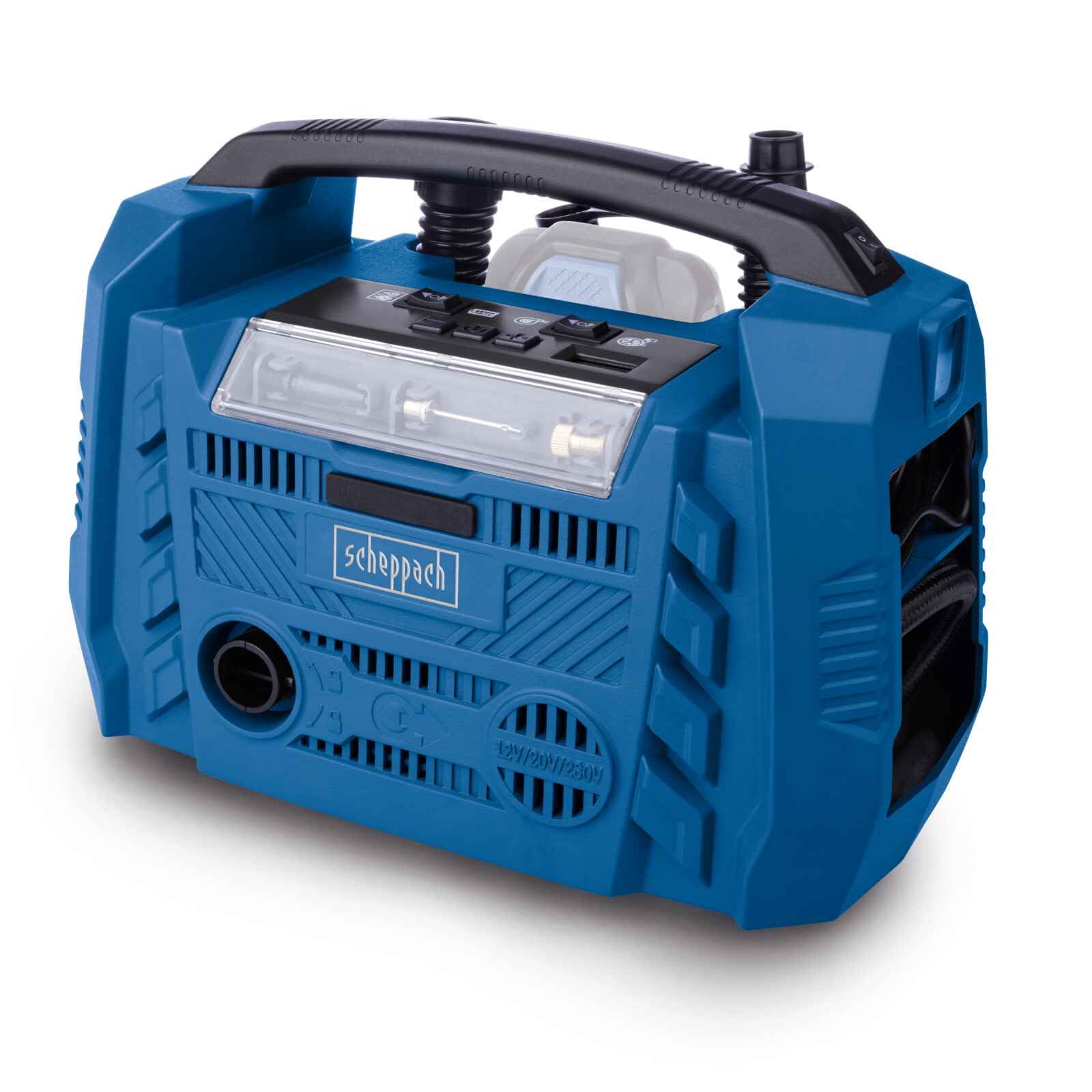 Scheppach Akku Kompressor Airforce 6 | Luftleistung 21 L/min | Arbeitsdruck 10,3bar | 3 Antriebsarten 230V/20V/12V (PKW) | USB-A & USB-C | 20V-IXES-Serie | 10 Jahre Garantie | Ohne Akku & Ladegerät