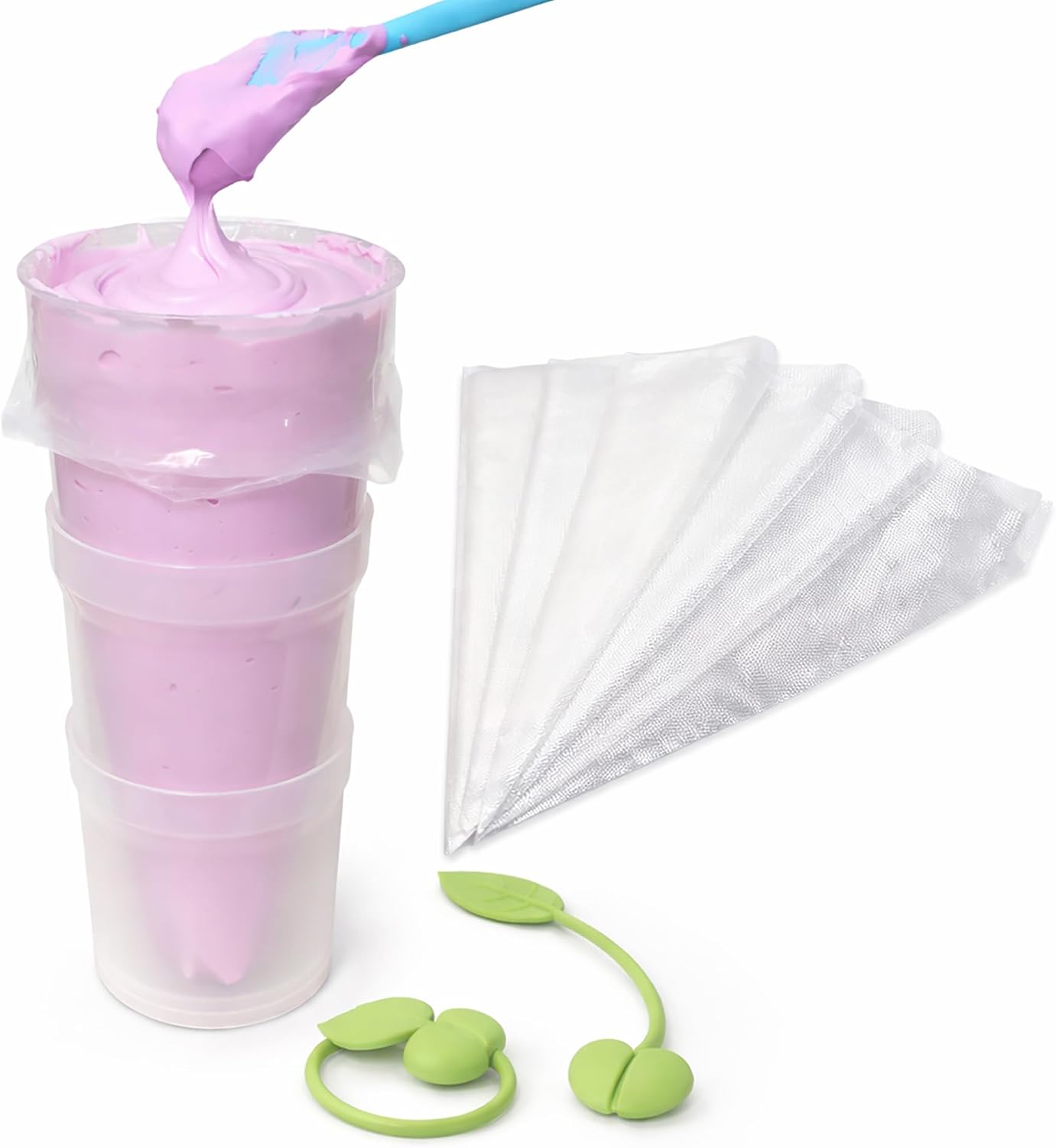 Piping Bag Holder Stand All-In-One Kit with Silicone Apple Clips & 12 Bags, Easy for Home Baking & Beginners