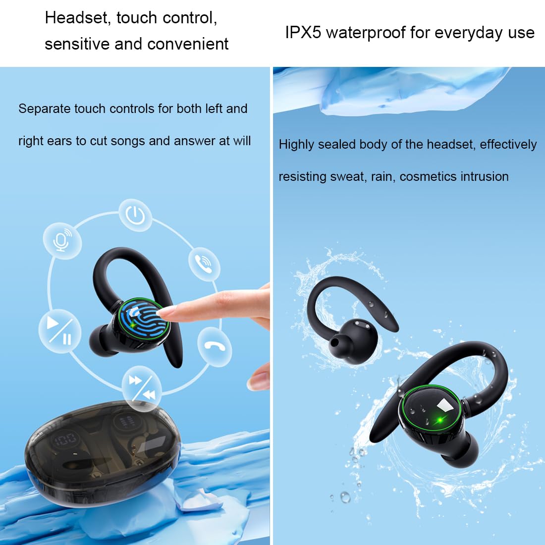 Bezprzewodowe słuchawki nauszne Bluetooth 5.3, wodoodporne IPX5, inteligentne dotykowe bezprzewodowe słuchawki, odpowiednie do biegania, jazdy na rowerze, słuchawek fitness, wyświetlacz LED