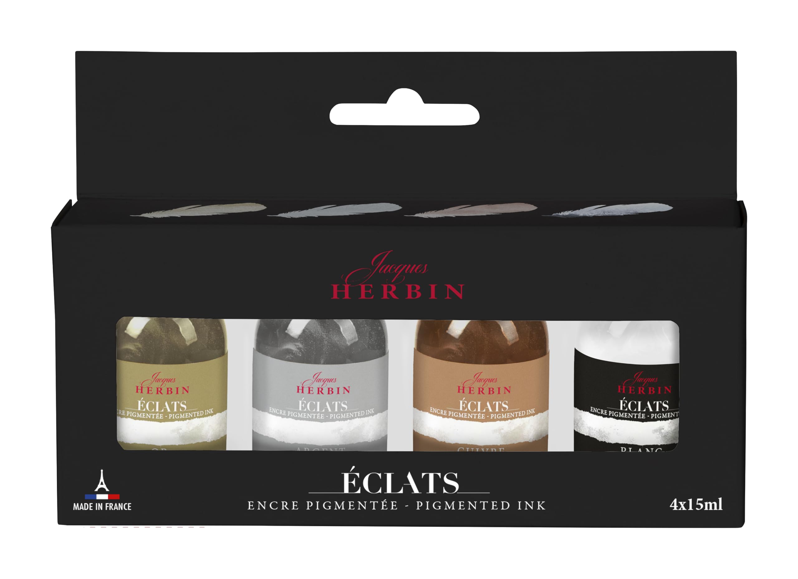 Jacques Herbin 10700T - Coffret assortiment 4 flacons encre beaux-arts pigmentée Eclats 15ml (blanc, or, argent, cuivre)