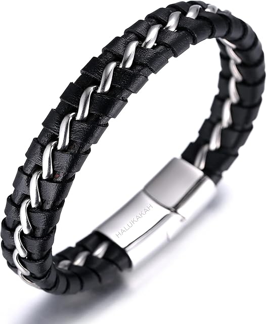 HALUKAKAH Kids  Solo Junior  Boy's Genuine Leather Bracelet Black 6-12+3 Y/O. Titanium Golden/Silver Chain Magnetic Clasp 2 Sizes 7"+0.7"(18+1.5cm) with Free Giftbox