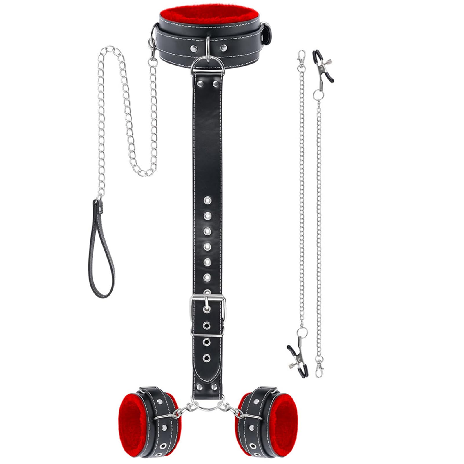 BDSMAGE Set di Bondage con Morsetti per Capezzoli e Maschera per gli Occhi, Manette, Collare, Kit di Bondage SM per Giocattoli Sessuali per Coppie Uomo Donna (Noir et rouge)
