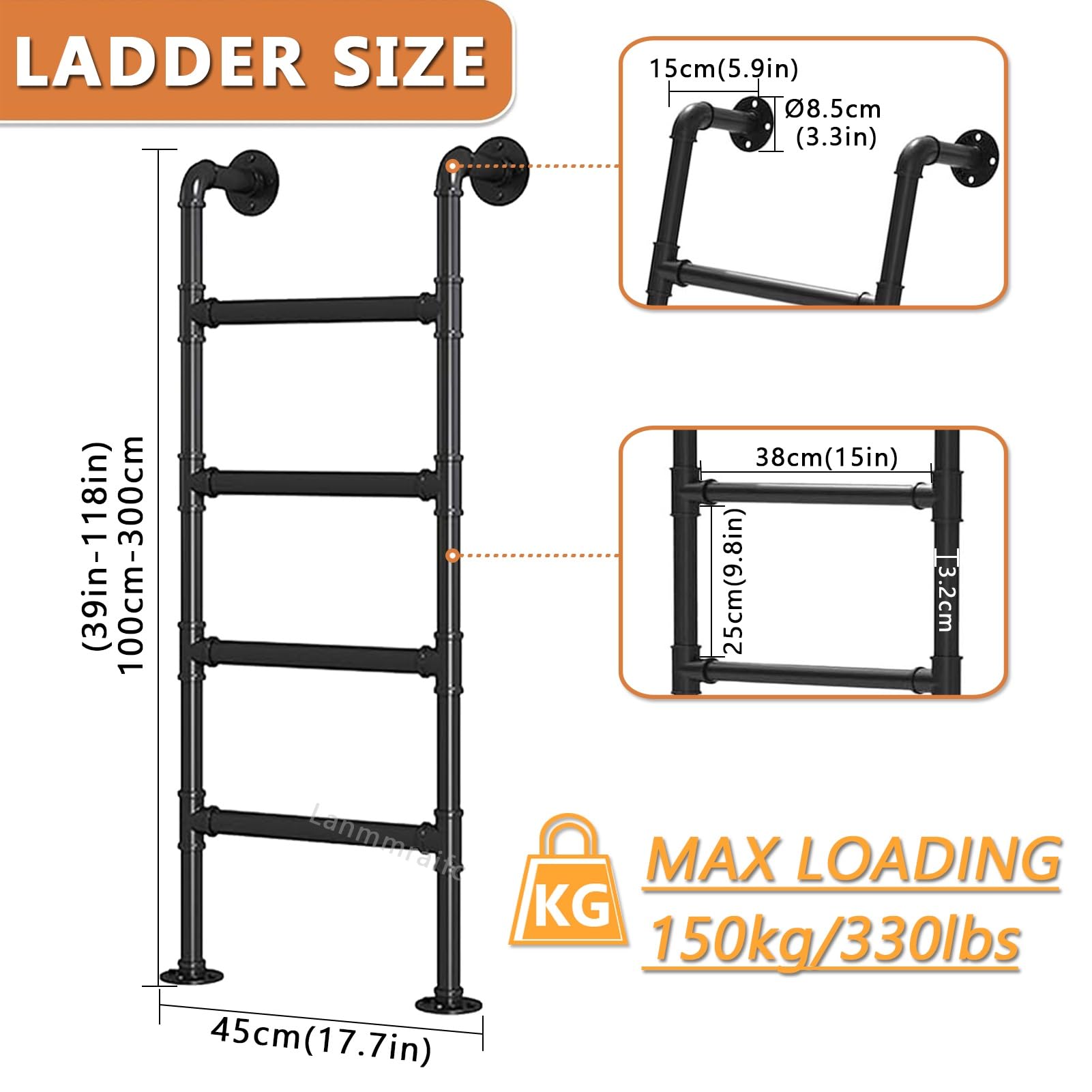 Scala di Emergenza in Metallo Nero Resistente, da Parete, per finestre di scantinati, soffitte, Letti a Castello, Sicurezza, 170 cm (67 Pollici), Scala per soppalco, Dorm