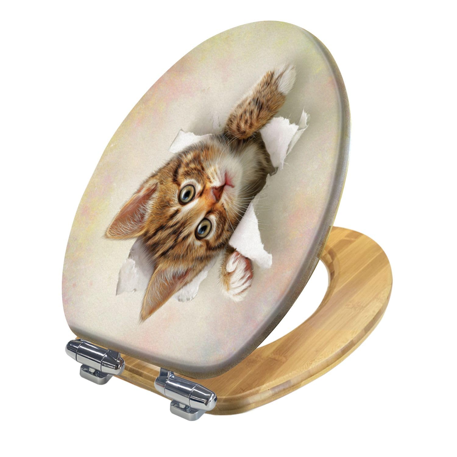 Elongated Toilet Seat Wooden Cute Tabby Cat Peeking Paper Wood Toilet Seat Slow Quiet Close Lid with Quick-Release Hinges Cover Bumpers Easy to Clean