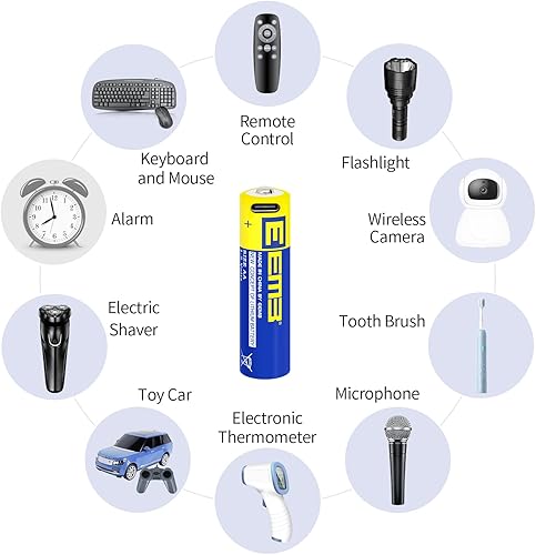 Miniatura 9 de EEMB Paquete de 12 baterías AA recargables AA de 1.5 V, baterías de litio AA USB 4 en 1 USB tipo C, batería de repuesto de cable de carga de 2600