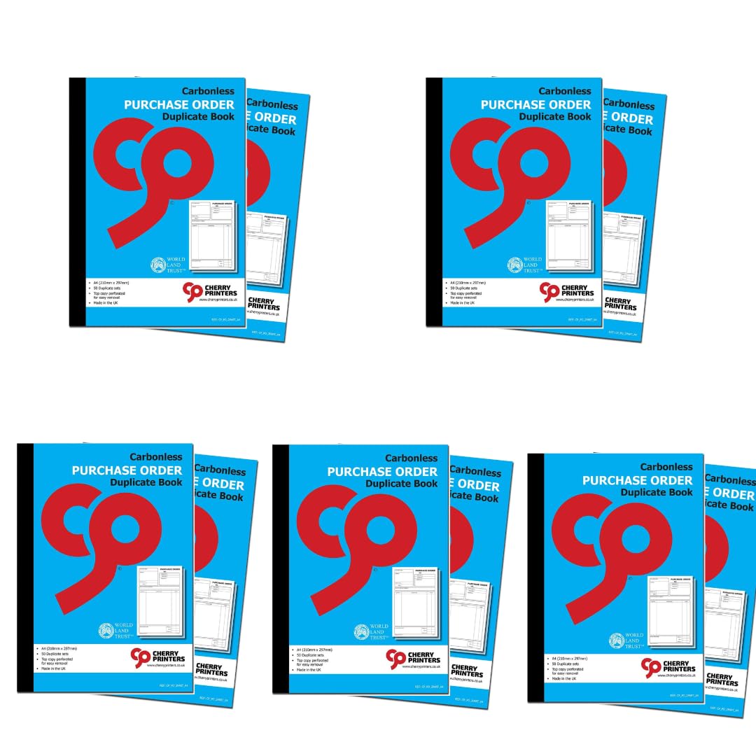 Cherry Printers | Carbonless Purchase Order Duplicate Book A4 | 2 Part NCR Order Book | 50 Duplicate Sets | Perforated Top Copy | Business Purchase Order Forms for Office & Self Employed **10 Pack**