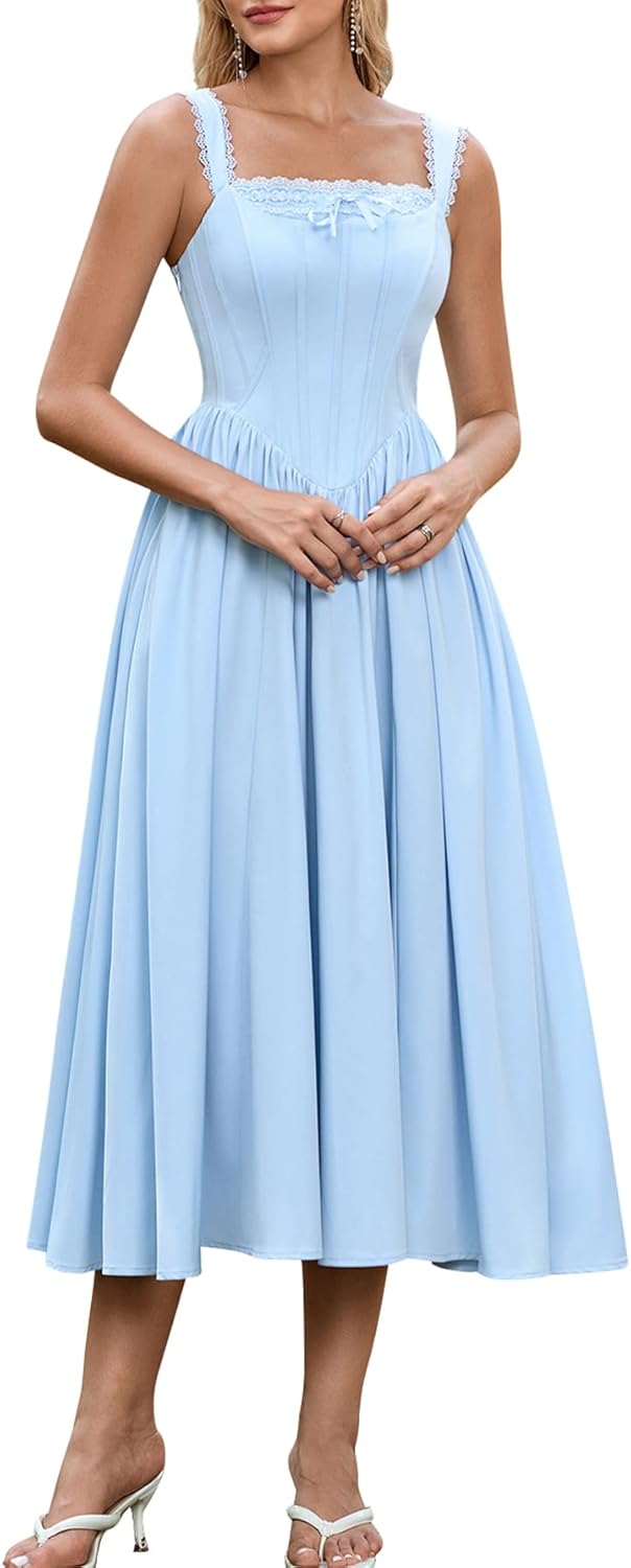 EYNMIN Floral Corset Midi Wedding Guest Dresses for Women 2026 Spring Summer Milkmaid Dress Lace Up Flowy A Line Sundress