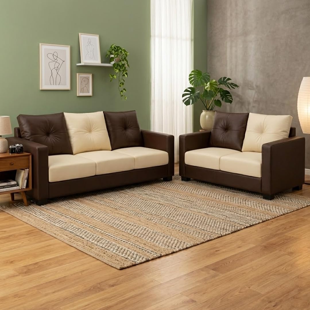 FURNY Heritage 3 Seater + 2 Seater Leatherette Sofa Set (Dark Brown-Cream) | Durable Comfort | Ideal for Living Room-image-46