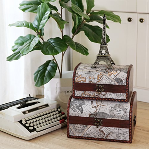 Slpr First Class Style Decorative Storage Boxes With Lids (Set Of 2, Old Map): Travel Inspired Vintage Wooden Chests, Antique-Style Treasure Trunks With Retro Hardware, Old World Memory Box #TOP2