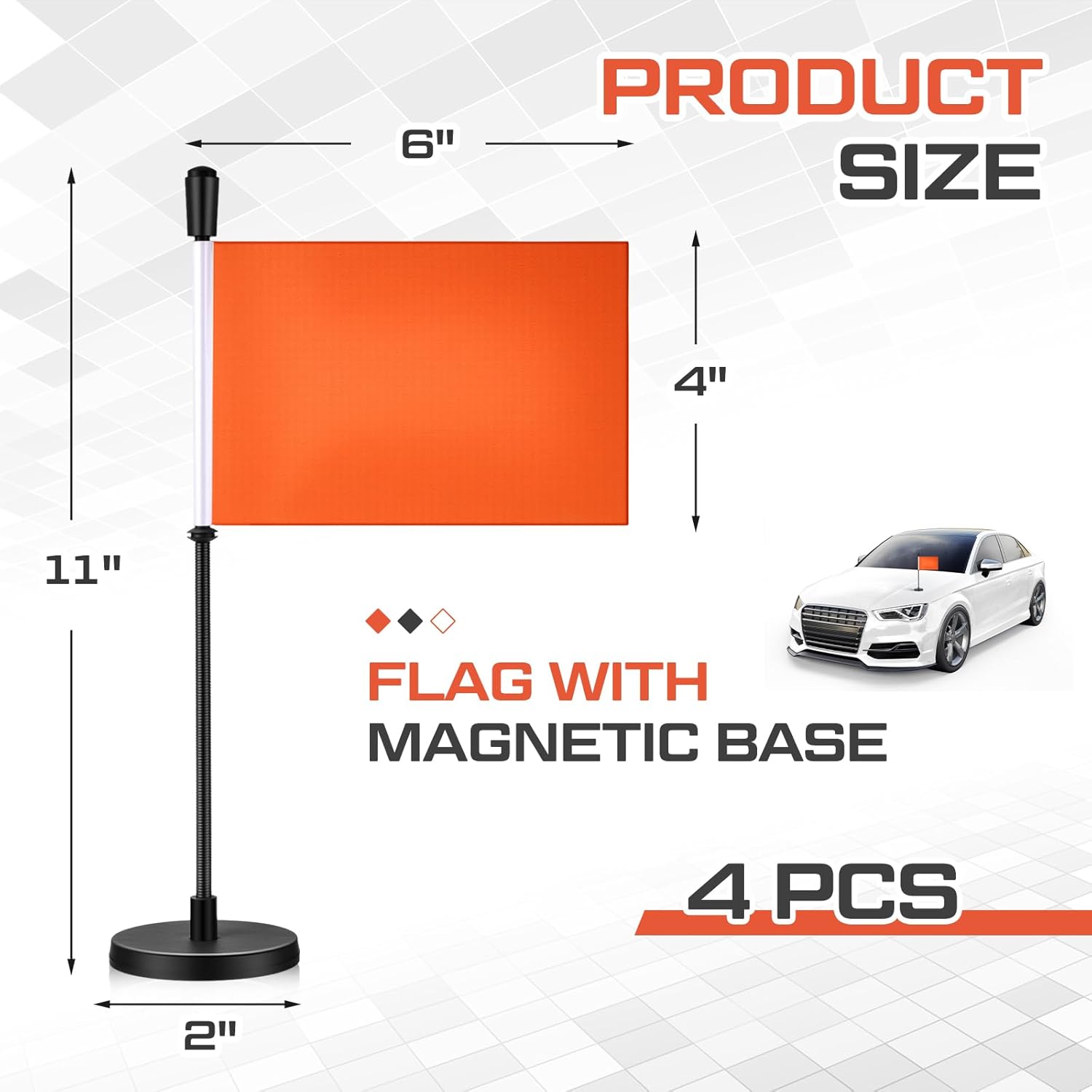 2 Pcs Orange Magnetic Flags for Cars with Pole Magnetic Base Double-sided Flag for Car Antenna Roof Mount Truck Vehicle Decor Accessories Outdoor Using This to Find Your Car (4" X 6",11" H)