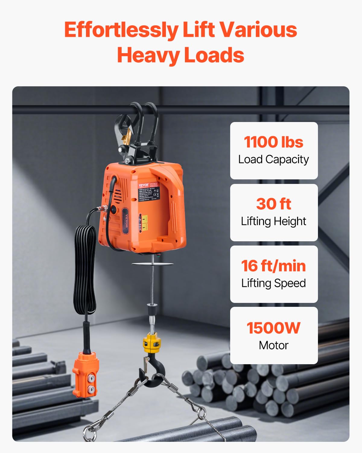 VEVOR Verricello Elettrico, Capacità 500 kg, Verricello Elettrico Portatile 1500 W, Altezza di Sollevamento 9,1 m, 4 m/min con Telecomando a Filo e Wireless, per Garage Fabbrica Sollevamento Traino
