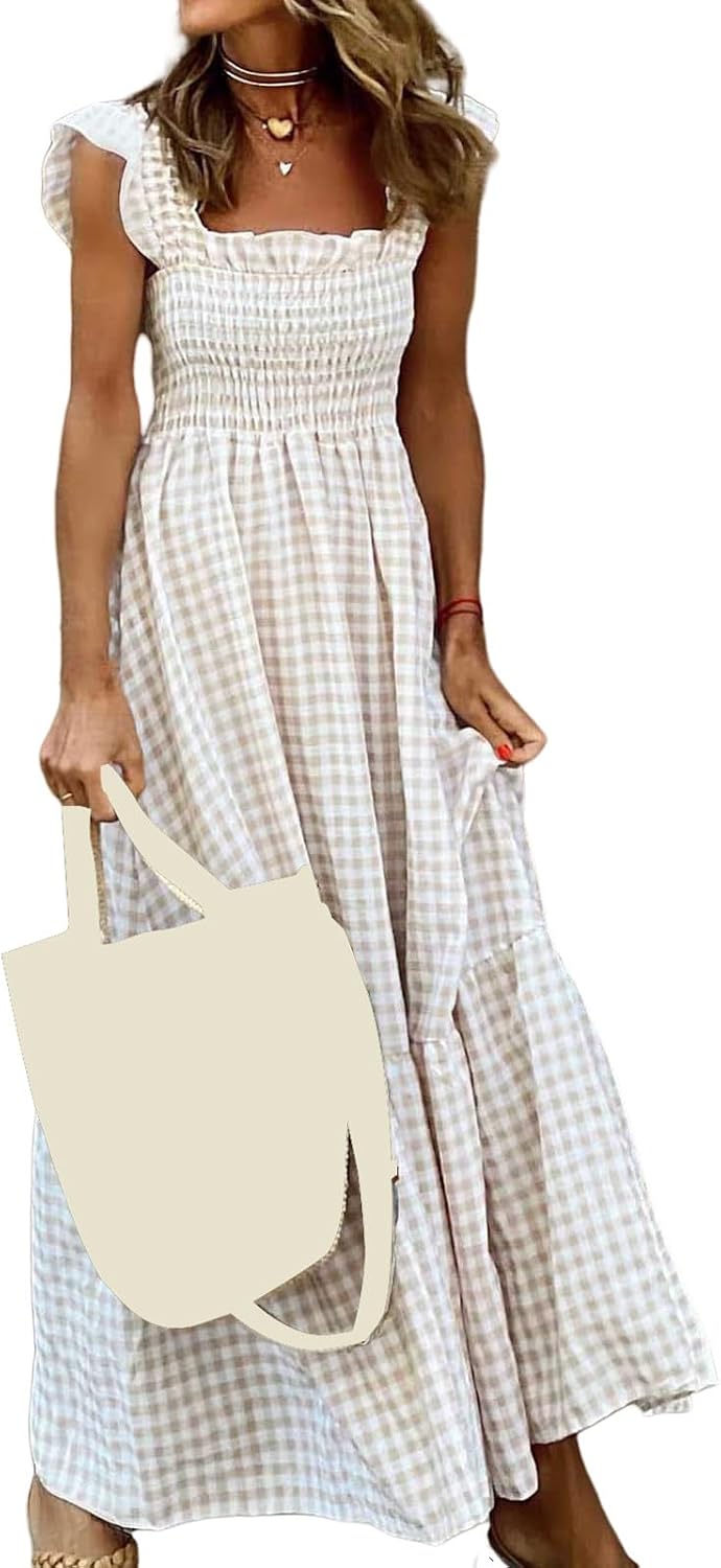 Womens Summer Dress Spaghetti Strap Maxi Dresses Casual Square Neck Gingham Smocked Flowy A Line Beach Sun Dresses