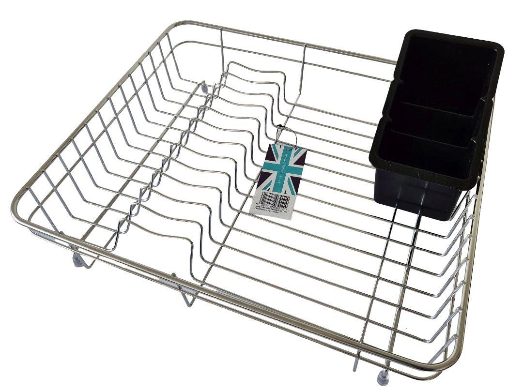 Delfinware Silver Stainless Steel Dish Draining Rack With Black Cutlery Drainer (Large + Black Cutlery Drainer) 10.5 X 43.0 X 36.5Cm Approx